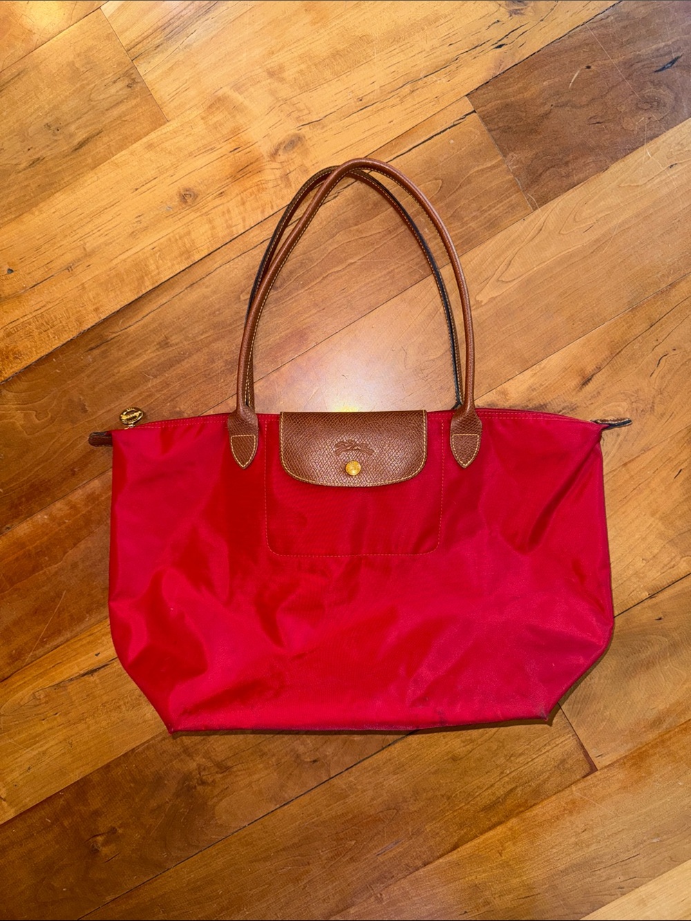Longchamp Red Nylon Tote with Brown Leather Handles